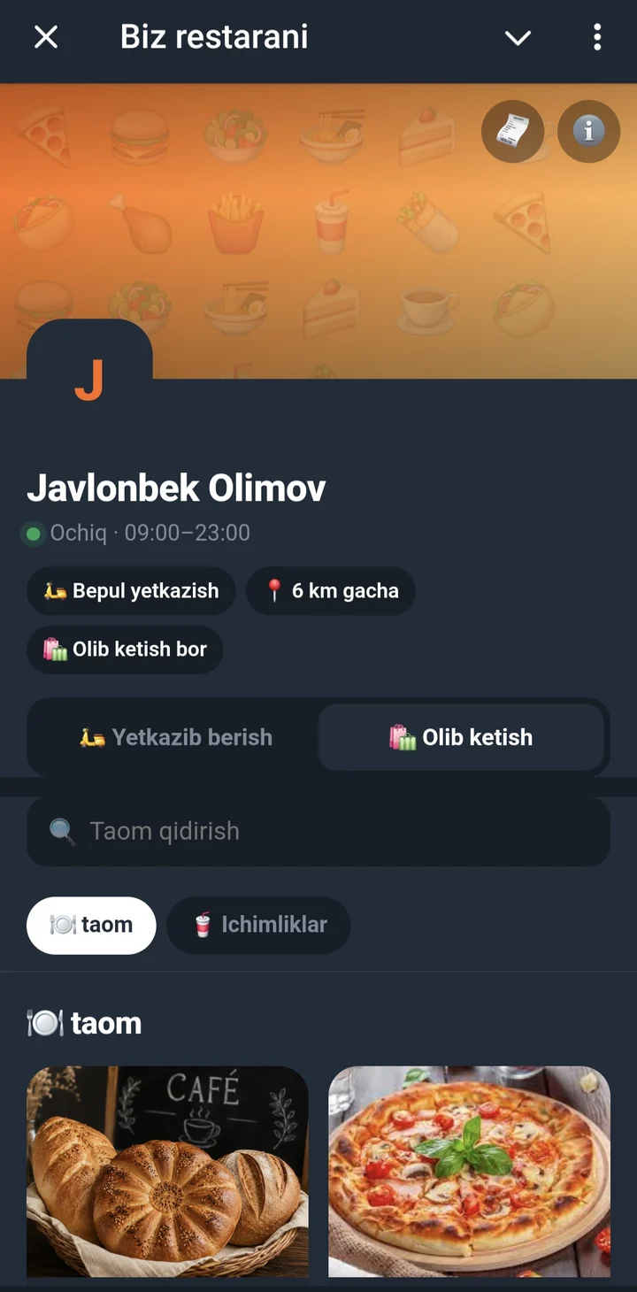 Telegram bot: restoran sahifasi