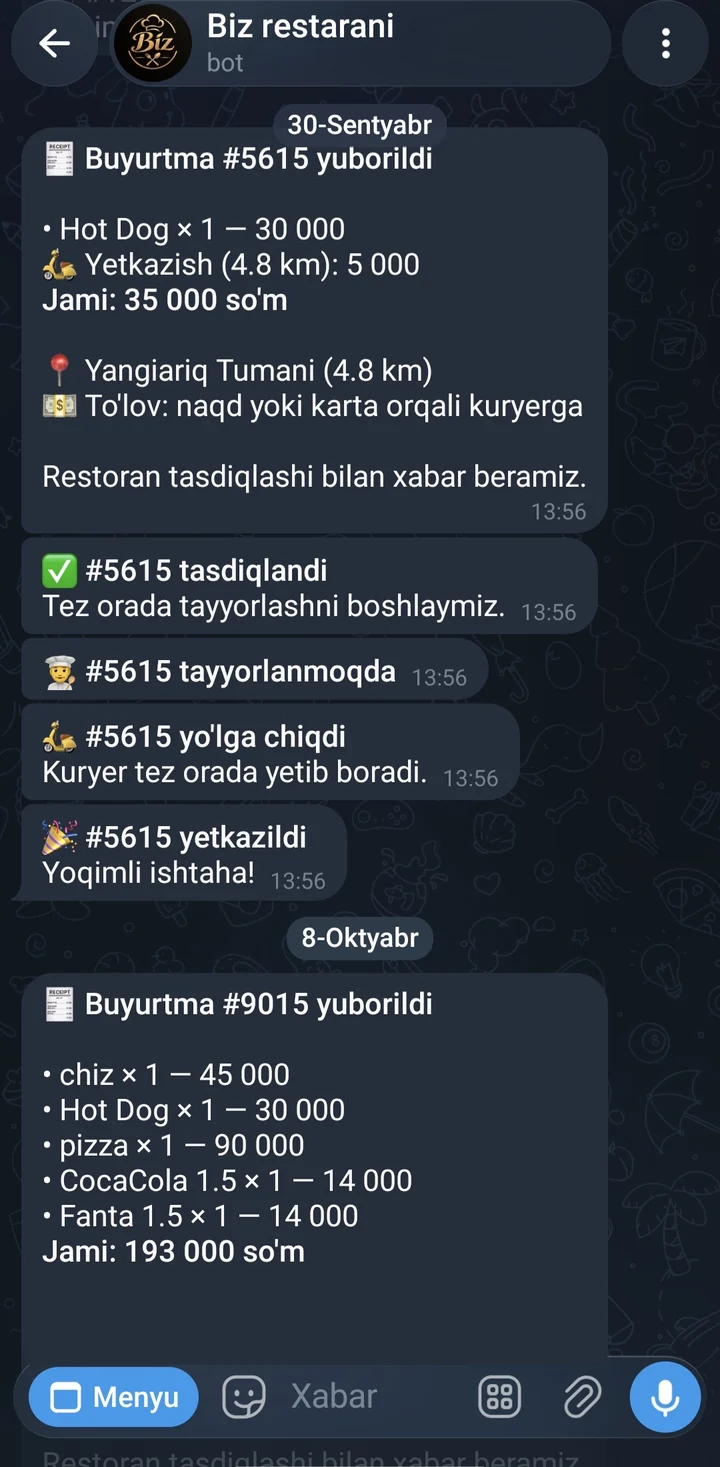 Bot: buyurtma holati xabarlari