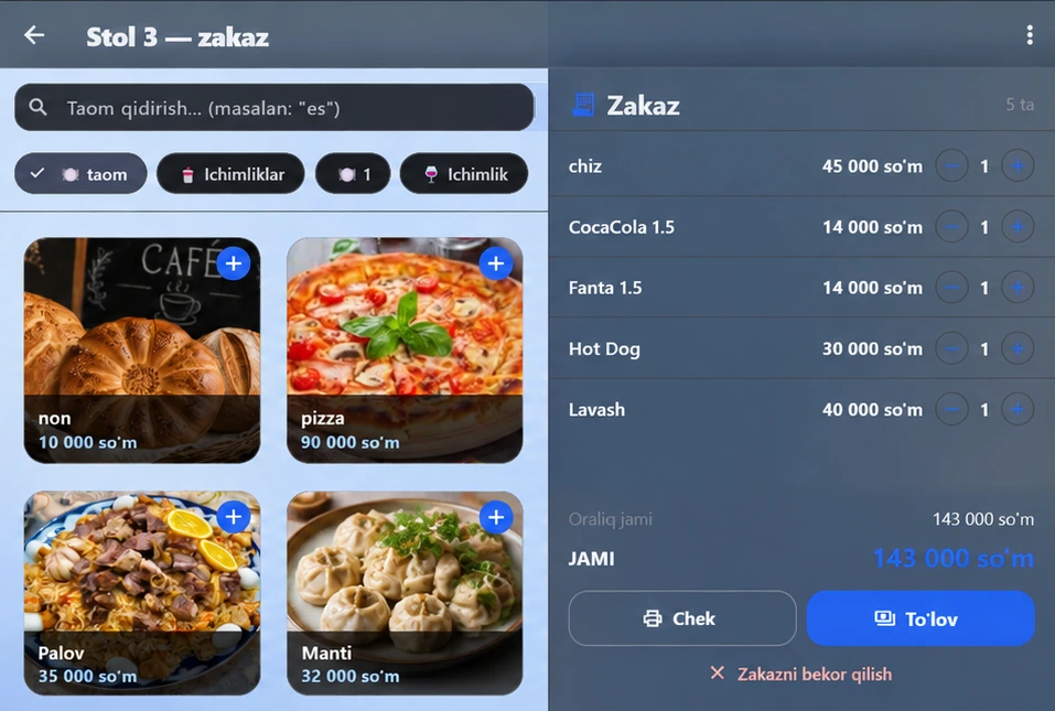 Zakaz olish ekrani: rasmli menyu va stol zakazi
