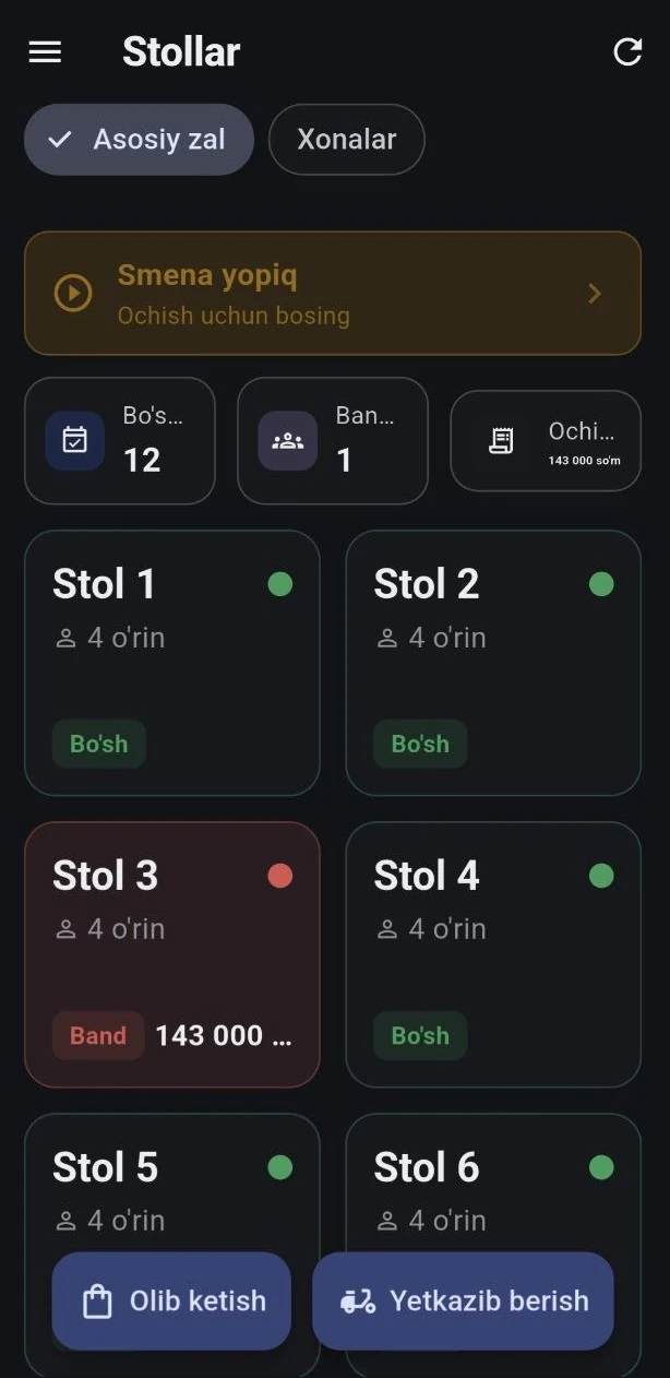 Ofitsiant ilovasi: stollar